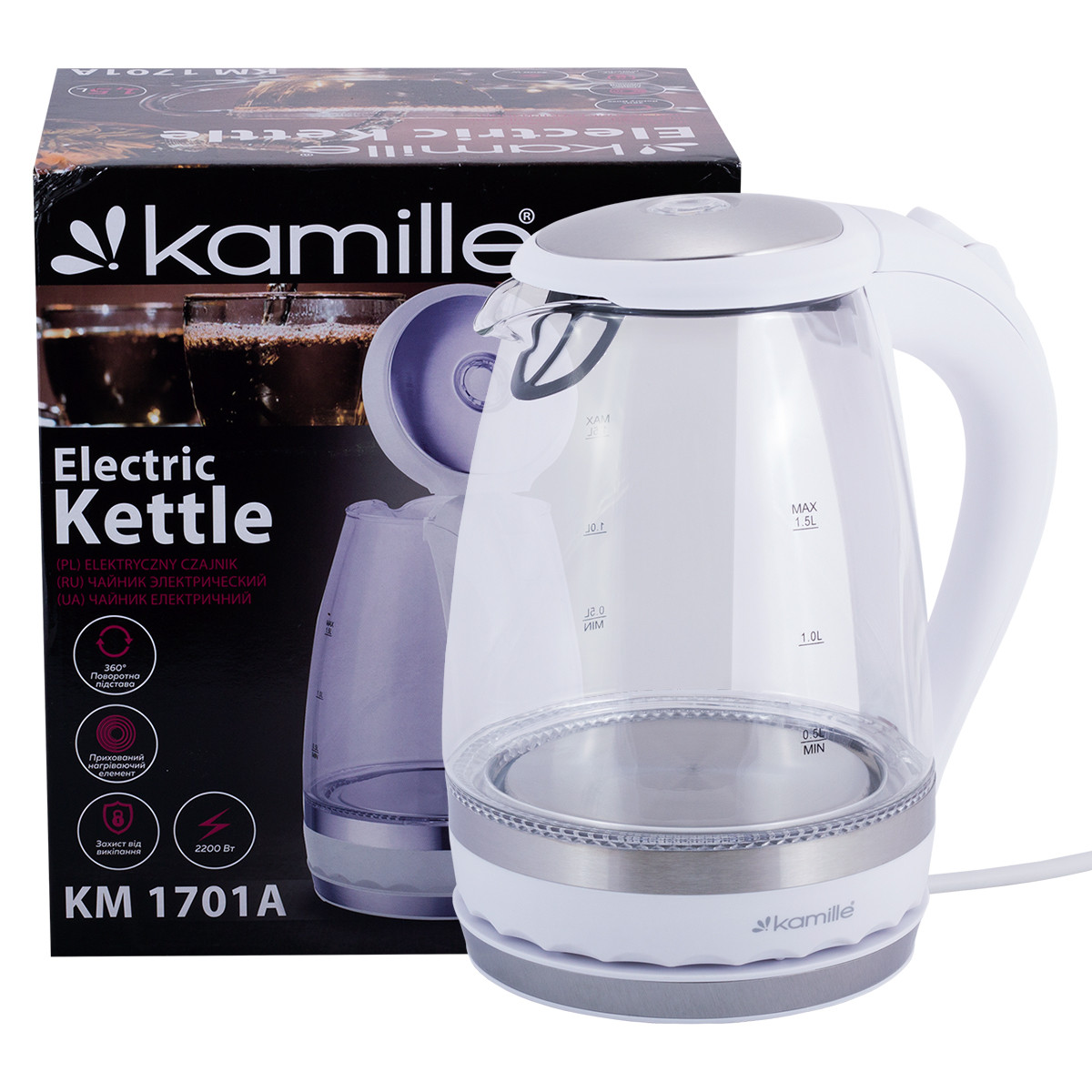 Чайник електричний Kamille 1.5 л з синім LED-підсвічуванням і сталевими декоративними вставками KM-1701A