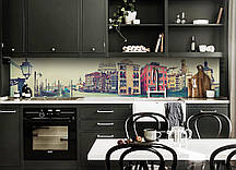 Кухонний фартух Ранок у Венеції (скіналі для кухні наклейка ПВХ) різнокольорові будинки канали Блакитний