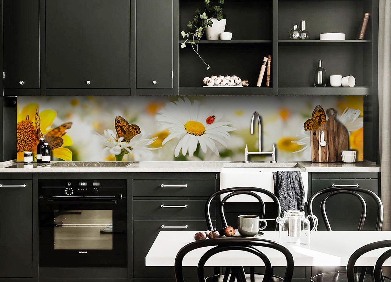 Кухонний фартух Ромашки і Метелики (скіналі для кухні наклейка ПВХ) квіти метелики Жовтий 60х200 см