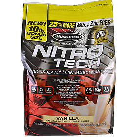 Muscletech, Серія "Дощання", Nitro-Tech, Ізолят молочної сироватки для нарощування сухої м'язової маси, Ваніль, 10 фунтів (4,54 кг)
