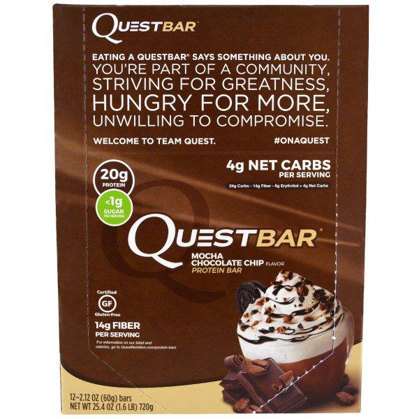 Quest Nutrition, QuestBar, протеїновий батончик, із шоколадною стружкою мока, 12 батончиків, 2,12 унції (60 г) кожен, фото 1