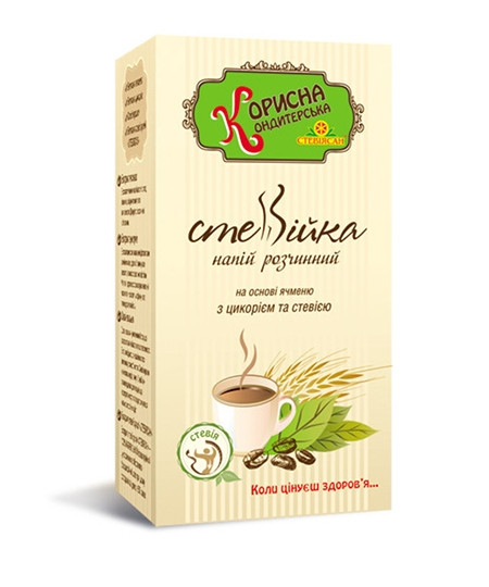 Напій розчинний «СТЕВЕЙКА» на основі ячменю, з цикорієм і стевією. 100 г.(натуральний цукроззамінник)