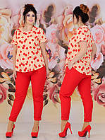 Ошатний річний брючний костюм двійка батал: х/б блузка + лляні штани (р.48-62). Арт-2234/42