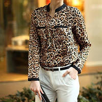 Жіноча блузка леопардова з довгим рукавом - М (бюст 88-92см, плече 38см), креп шифон, на гудзиках