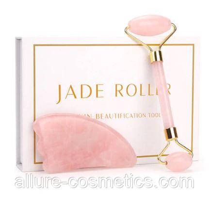 Набір ролер і скребок Гуаша Jade Roller з натурального рожевого кварцу