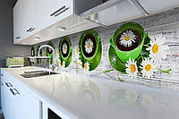 Кухонный фартук Ромашковый Чай (скинали для кухни наклейка ПВХ) чашки ромашки доски Зеленый 600*3000 мм