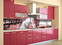Кухонный фартук Романтическая Алея (скинали для кухни наклейка ПВХ) розовые деревья эйфелева башня 600*3000 мм