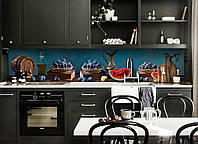 Кухонный фартук Сливы (скинали для кухни наклейка ПВХ) натюрморт арбуз кувшины Синий 600*3000 мм