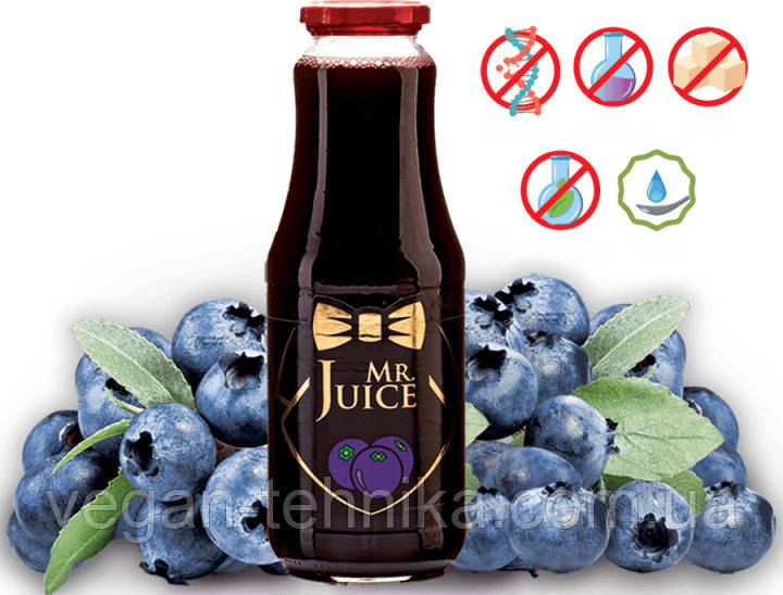 Упаковка чорничного соку прямого віджиму Mr Juice, БЕЗ ЦУКРУ 6 х 1л, фото 1