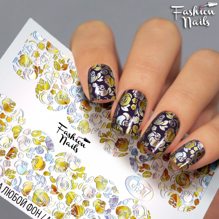 Слайдер-дизайн КВІТИ Вензелі - Слайдери водні наклейки КВІТИ Fashion Nails - Наклейки на нігті троянди жовті