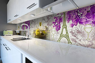 Кухонний фартух ПВХ самоклеючий Вино та Париж 02 скіналі плівка Ейфелева башта бузок 600*2000мм