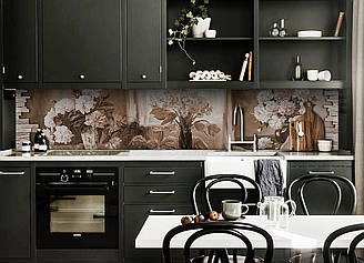 Кухонний фартух ПВХ самоклеючий Картина півонії ретро цегла скіналі бежевий плівка 600*2000мм