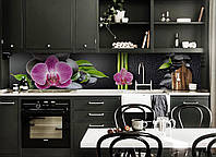 Кухонный фартук ПВХ самоклеющийся Гармония (скинали для кухни наклейка ПВХ) орхидеи камни Черный 600*3000 мм