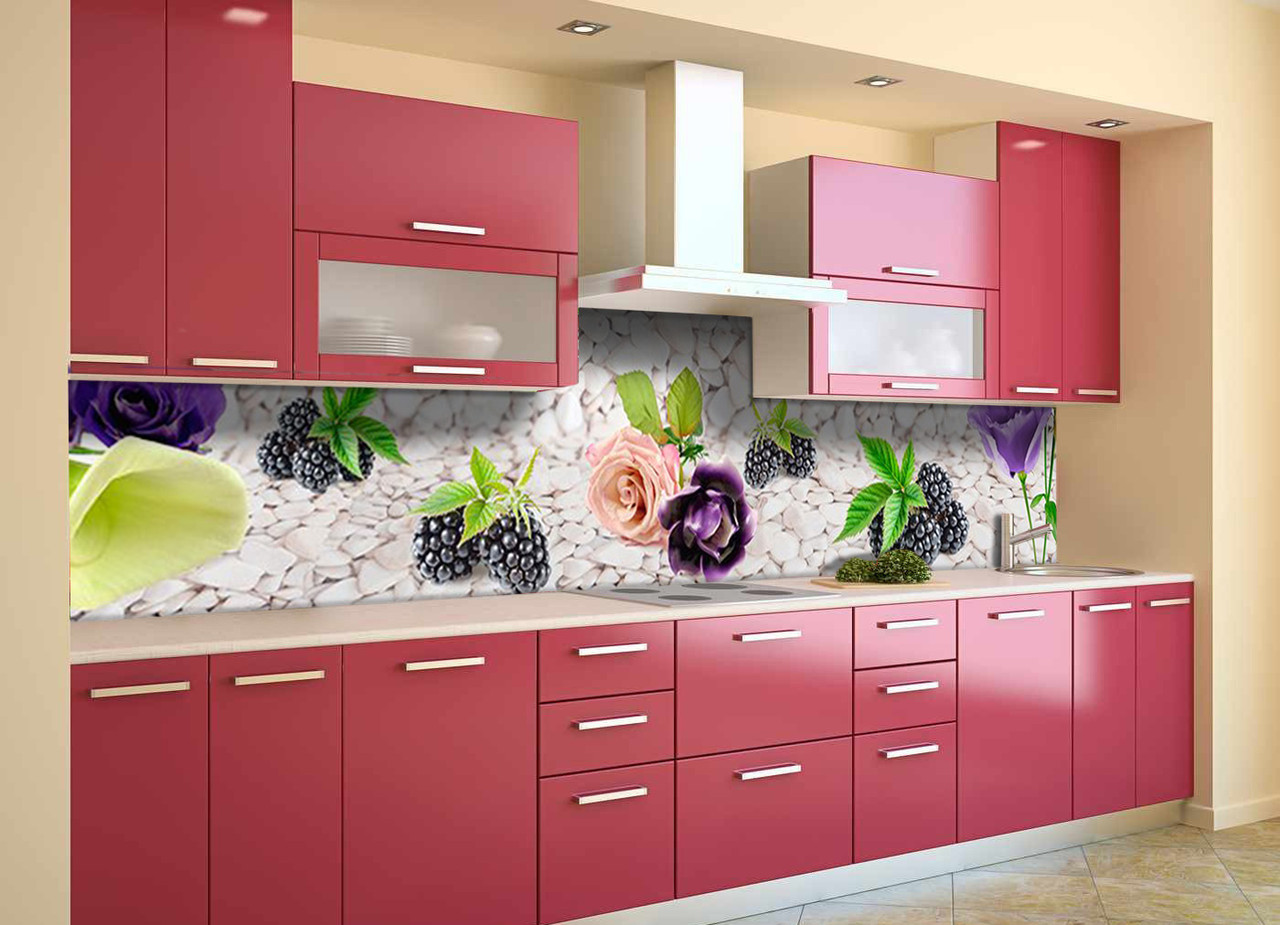 Вініловий кухонний фартух Ягоди та Квіти скіналі для кухні наклейка ПВХ ожина троянди Абстракція Сірий 600*2000 мм