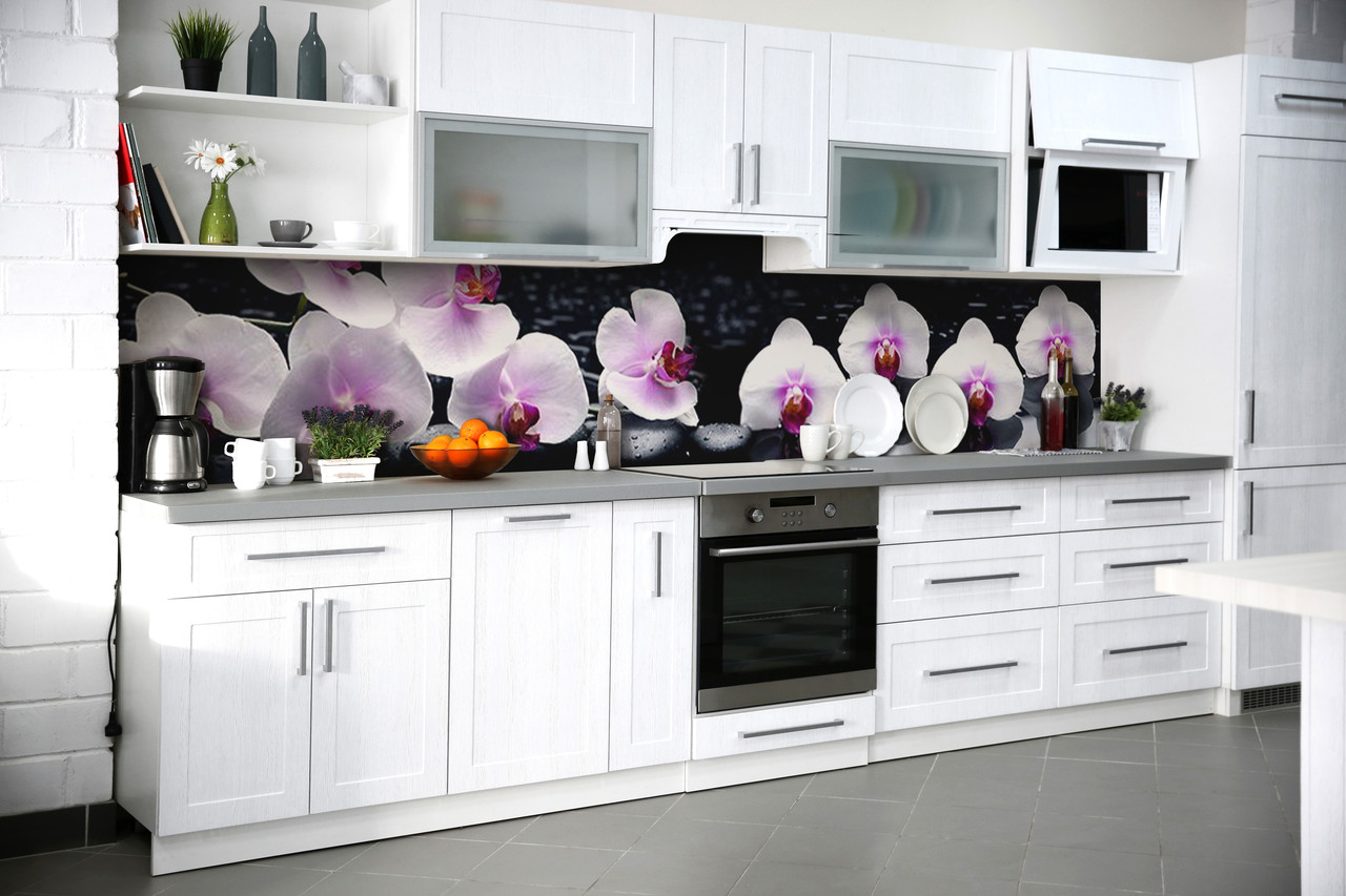Кухонный фартук ПВХ Орхидеи в воде (скинали для кухни наклейка ПВХ) белые цветы отражение Черный 600*2500 мм - фото 5 - id-p1227698913