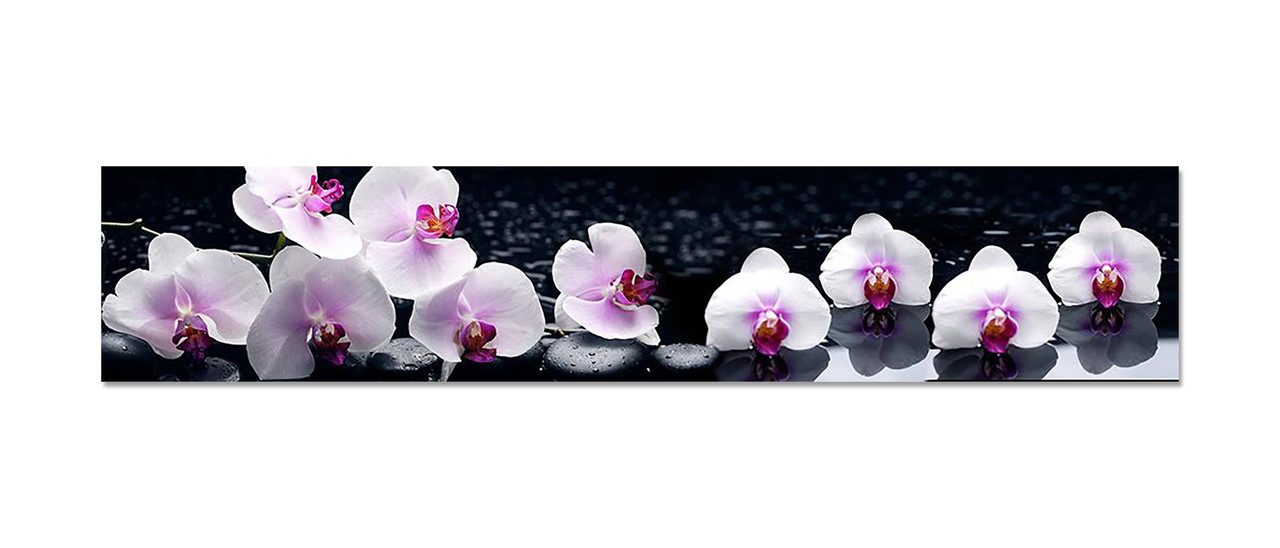 Кухонный фартук ПВХ Орхидеи в воде (скинали для кухни наклейка ПВХ) белые цветы отражение Черный 600*3000 мм - фото 7 - id-p1227699799