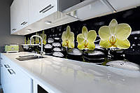 Виниловый кухонный фартук Лимонные Орхидеи (скинали для кухни наклейка ПВХ) желтые Цветы камни Черные 650*2500