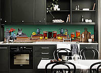 Виниловый кухонный фартук Варенье (скинали для кухни наклейка ПВХ) кот уют книги Зеленый 600*2500 мм