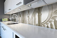 Виниловый кухонный фартук Античный зал (скинали для кухни наклейка ПВХ) статуя колонны серый 600*2500 мм