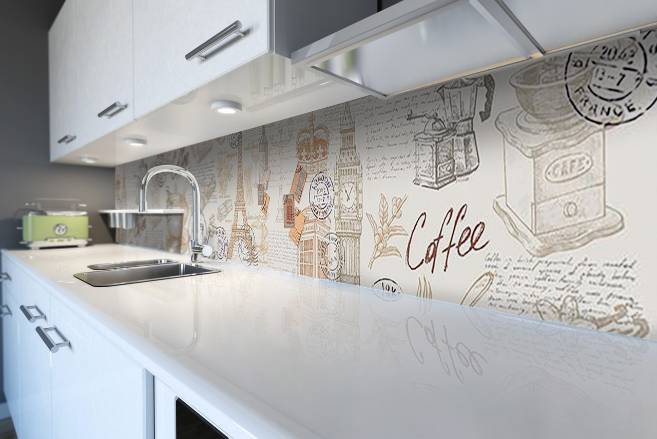 Вініловий кухонний фартух Вінтажна Газета скіналі наклейка ПВХ ретро Париж Лондон написи Бежевий 600*2000 мм, фото 1