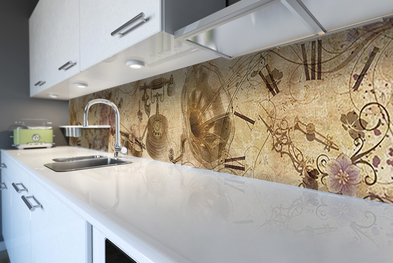 Вініловий кухонний фартух Вінтажні Візерунки скіналі для кухні наклейка ПВХ під старовину ретро Бежевий 600*2000 мм