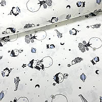 Ткань поплин мальчик в космосе в черно-голубых тонах на белом (ТУРЦИЯ шир. 2,4 м) (R-S-0566)