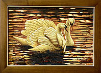 Картина из янтаря Лебеди, картина панно з бурштину Лебеді 40x60 см
