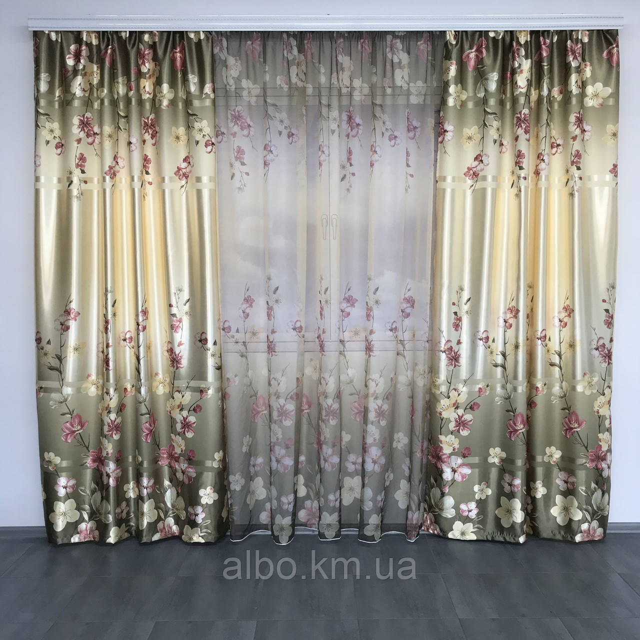 Штори з квітами атласні щільні 150x270 cm (2 шт) з тюллю ALBO Оливкові (SH-157-1)