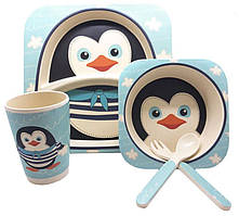 Набір дитячої посуди з бамбука Stenson MH-2770-14 пінгвін, 5 предметів.