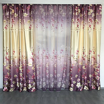 Штори фіолетові атласні з батистовим тюлем з орхідеями ALBO (SHT-157-2)