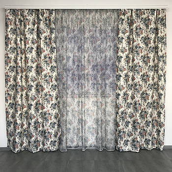 Штори атласні з батистовим тюлем з синіми квітами прованс ALBO (SHT-631-1)