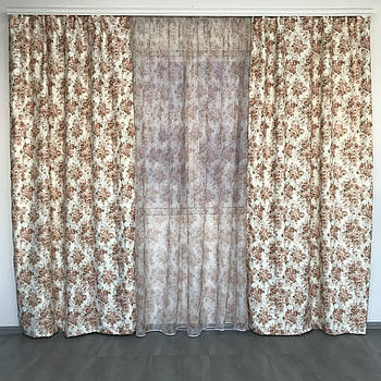 Штори атласні з батистовим тюлем з кавовими квітами прованс ALBO (SHT-631-3)