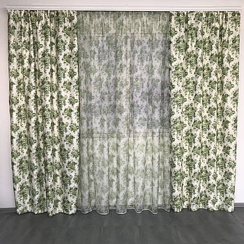 Штори атласні з батистовим тюлем з зеленими квітами прованс ALBO (SHT-631-4)