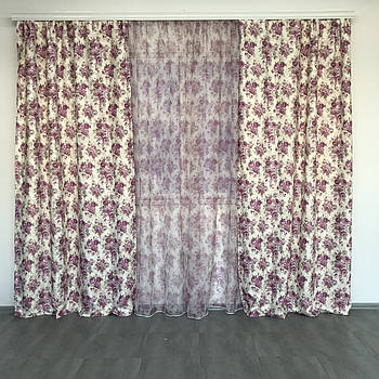 Штори атласні з батистовим тюлем з фіолетовими квітами прованс ALBO (SHT-631-7)