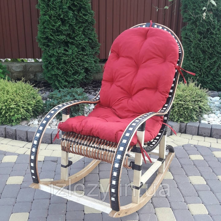 Плетене крісло-гойдалка з лози + ротанг в комплекті з червоною подушкою/Крісло-качалка/Гойдалка з лози