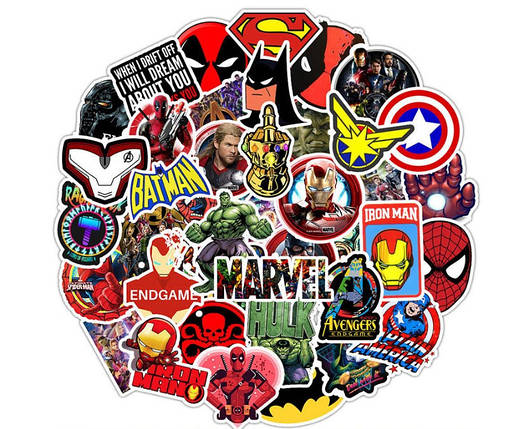 Набір вінілових наклейок стикерів (наклейок) Marvel Superhero Стікербомбінг на авто телефон ноутбук стіну 50 шт., фото 1