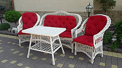 Комплект плетених білих меблів із лози з червоними подушками/Плетені меблі з лози в білому кольорі
