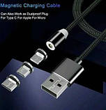 Магнітний кабель 3 в 1 (Lightning, Micro USB, Type-C) тканинний круглий 360 чорний, фото 3