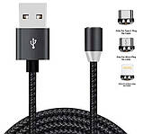 Магнітний кабель 3 в 1 (Lightning, Micro USB, Type-C) тканинний круглий 360 чорний, фото 5