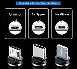 Магнітний кабель 3 в 1 (Lightning, Micro USB, Type-C) тканинний круглий 360 чорний, фото 8