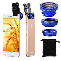 Лінзи для телефона (об'єктиви) 3 в 1 — FishEye, Super Wide, макро Selfie Cam Lens сині