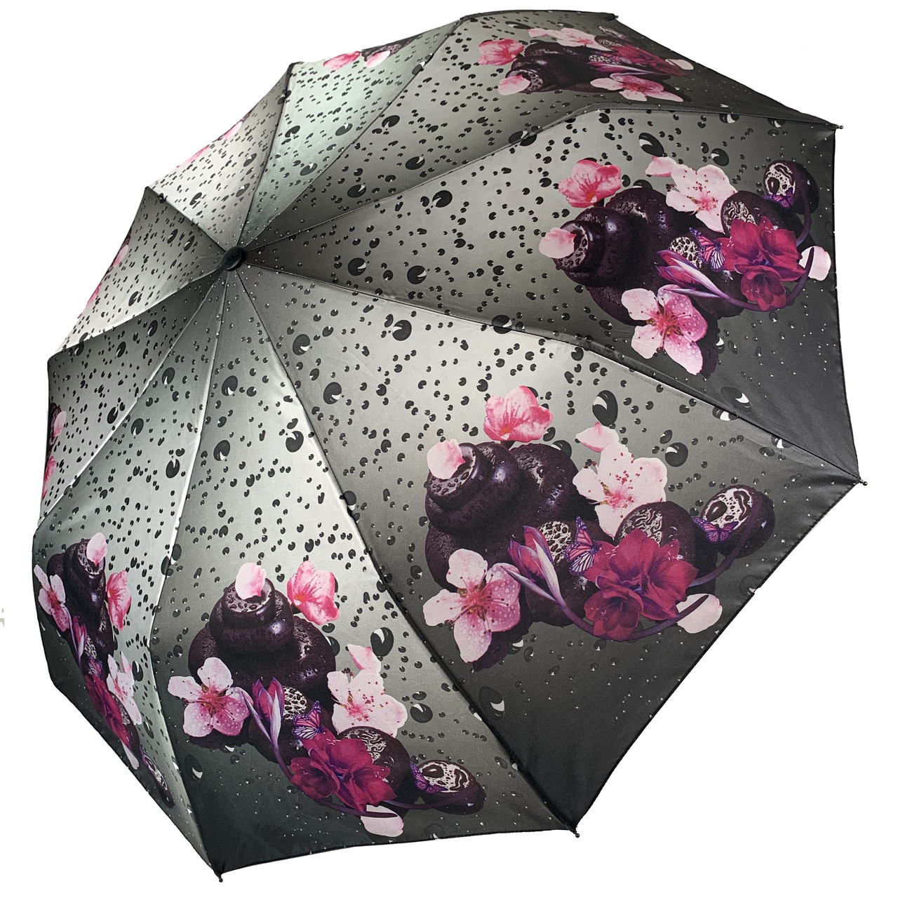 Жіноча складна парасоля напівавтомат з атласним куполом, декорованим принтом орхідей, УНІВЕРСАЛЬНИЙ, сірий, 444-4