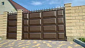 Розсувні металеві ворота шоколадка ш3500 в2150 (дизайн фільонка-жатка+кульки і піки)