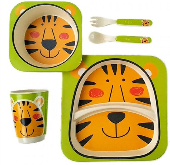 Набір дитячої бамбуковій посуду Stenson MH-2770-25 тигр, 5 предметів, фото 1