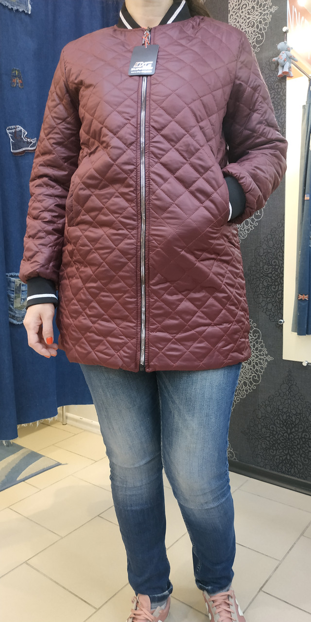 Куртка бомбер жіноча подовжена блискавка стьобана без капюшона S бордо, фото 1