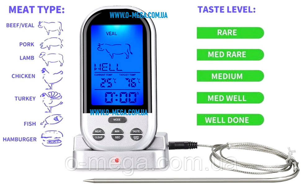 Профессиональный термометр таймер для приготовления мяса TP-808 с выносным датчиком (нержавейка) и подсветкой - фото 1 - id-p1228434581
