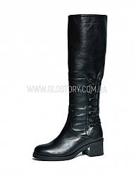 Жіночі зимові чорні шкіряні чоботи на маленькому підборі