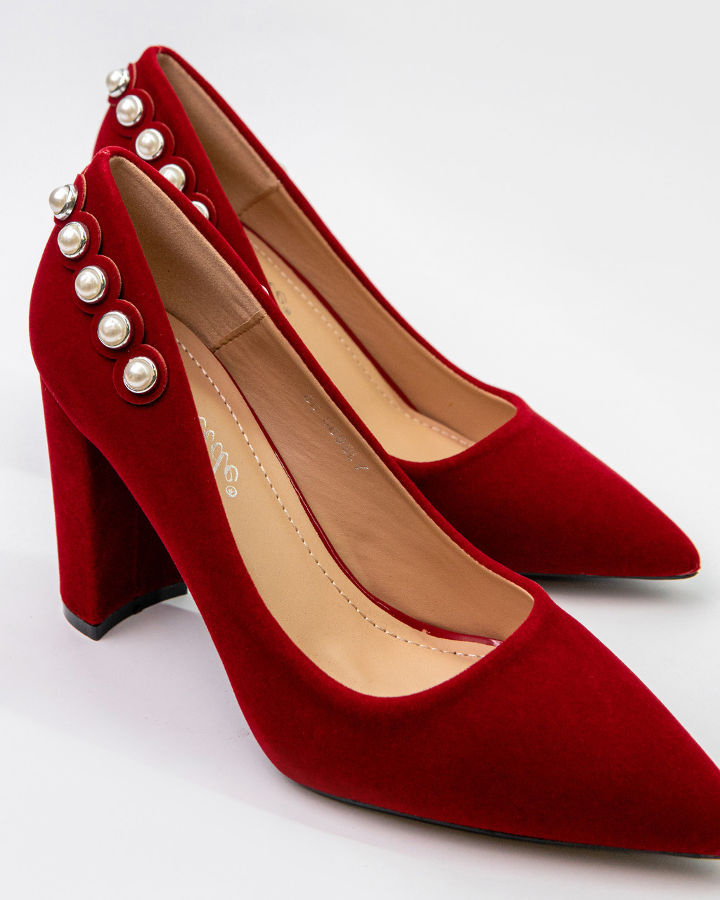 Туфли лодочки женские красные на устойчивом каблуке с жемчугом из натурального велюра 9см - фото 2 - id-p1221472057