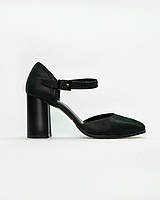 Босоножки женские черные на каблуке с закрытым носком из натуральной кожи, 8см