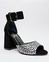 Босоніжки жіночі Lirio на товстому підборі із закритою п'ятою чорні комбіновані з пряжкою